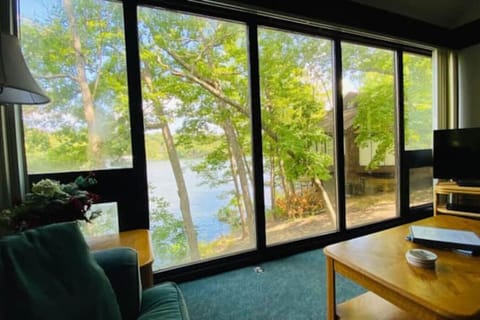 A cheerful living room with a breathtaking lake view, where sunshine, nature, and cozy comforts come together to create a joyful retreat.