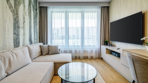 Deluxe Apartment, 1 Bedroom, Kitchenette, City View | Living room | 55-cm Smart TV with digital channels, Netflix, streaming services