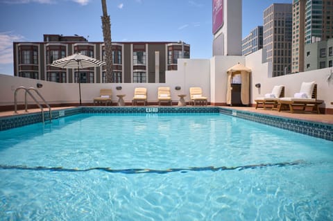 Unwind with a refreshing swim in this rooftop-style pool.