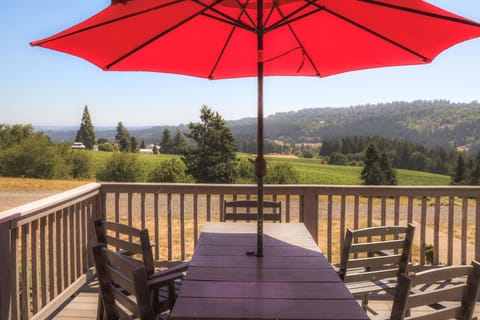 Large front deck with mountain views, seating for 8, and a BBQ