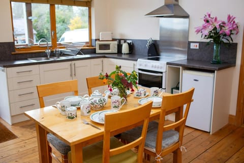 Kitchen with electric cooker, extractor fan and under counter fridge