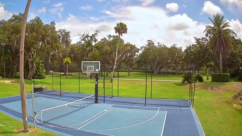 Sport court with pickle ball, basketball, and batting cage.
