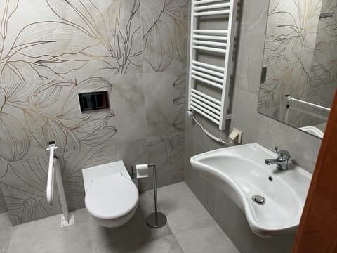 Shower, towels, soap, toilet paper