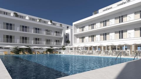 Outdoor pool, pool umbrellas, sun loungers