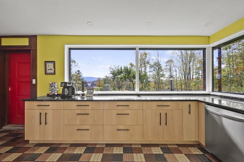 Modern kitchen with bold yellow walls, light wood cabinetry, black countertops, and stainless steel appliances, framed by floor-to-ceiling corner windows showcasing the outdoor greenery.