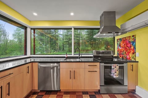 Alternate kitchen angle displaying the cooktop, built-in oven, range hood, and ample counter space with abundant natural light from surrounding windows.