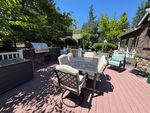 Outdoor seating area with barbecue and umbrella
