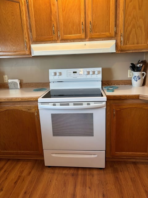 Glass cook top and full oven for your culinary delights.