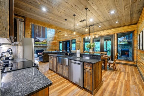 Rustic textures, modern touches, and a view of the fire from every angle.