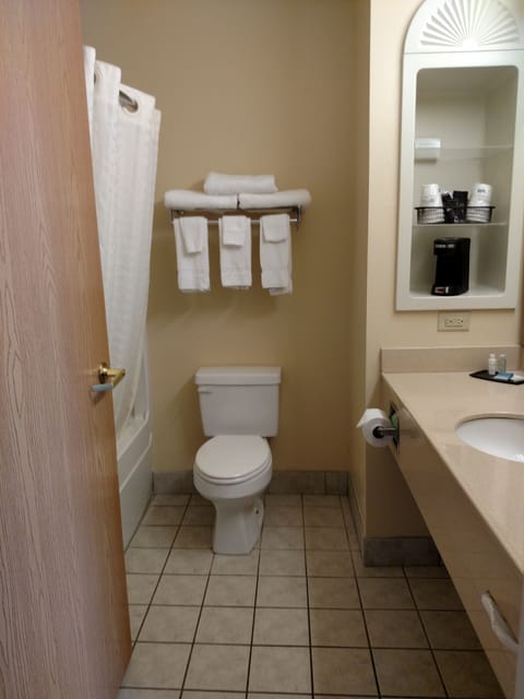 Combined shower/tub, free toiletries, hair dryer, towels