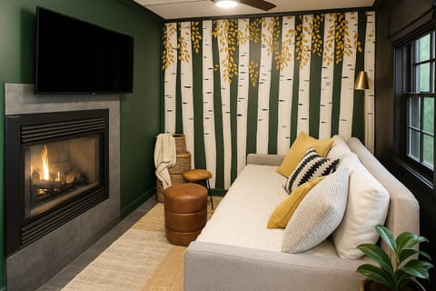 Warm your toes by the glass-front fireplace while streaming your favorite shows on the large Smart TV. The plush sofa and forest-themed mural create a moody atmosphere for a quiet night in.