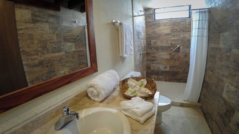 Shower, free toiletries, towels, soap