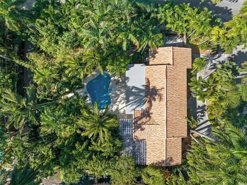 Drone view! Jungle like home paradise. Framed by nature, crowned with fruit trees, and centered around a dreamy pool. 