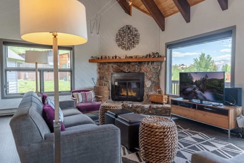 Living room w/wood fireplace, TV