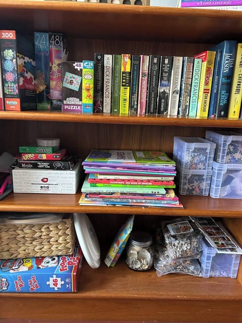 Lots of games and puzzles for kids and adults. Bar essentials like wine glasses, tumblers, wine bottle opener, etc. 