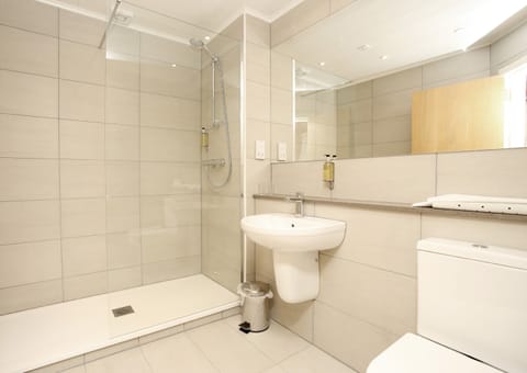 Shower, free toiletries, hair dryer, towels