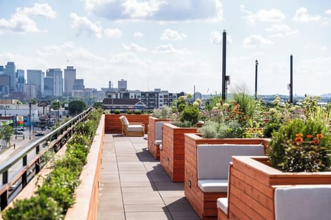 Unwind along the rooftop garden path with cushioned lounge nooks.