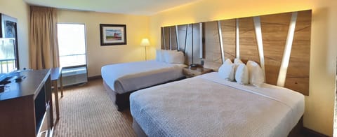 Desk, laptop workspace, blackout drapes, iron/ironing board