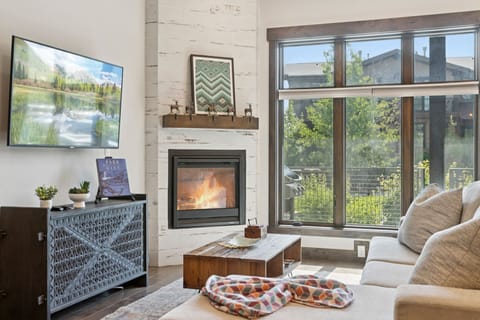 Stylish beauty and an amazing fireplace