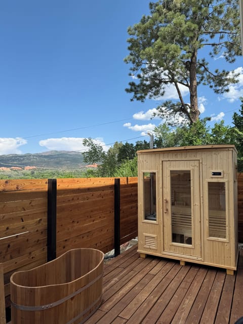 Relax in your private wood burning sauna and cool off in the teak cold plunge.