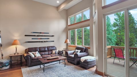 Stylish living room with high ceilings