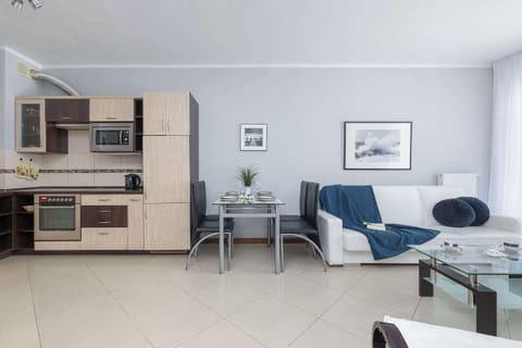 A wider perspective of the living area which is coherently connected with the kitchenette.