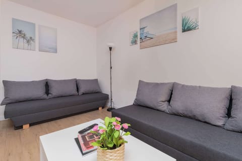  A view of a spacious living room with a grey sofa and coffee table. The light-filled space features contemporary decor with art pieces on the wall.