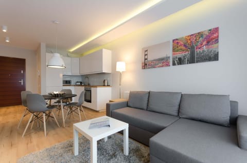 Spacious living room with a corner sofa bed, TV and kitchenette.