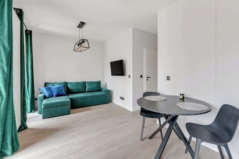 A spacious living room with a comfortable sofa bed and a table where you can easily eat meals or put your laptop and work.