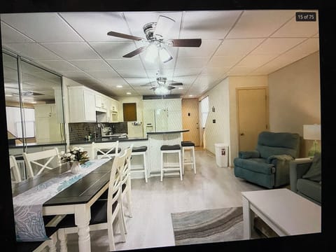 Main floor space: dining area, kitchen and living area