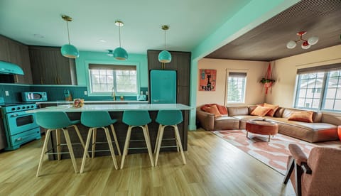 Bright retro dining space with seating for six and mid-century flair.