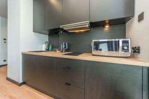 A modern kitchenette equipped with an induction cooktop, refrigerator, dishwasher, and all necessary utensils, blending style and functionality for a seamless cooking experience.