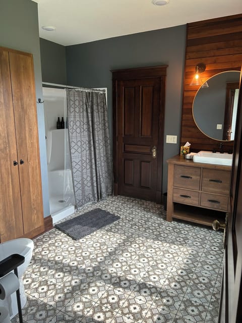 First floor bathroom with low profile shower