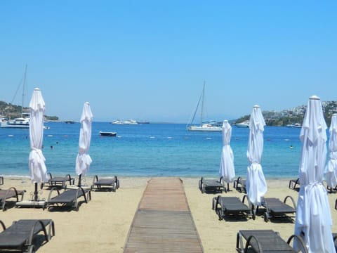 Private beach, free beach shuttle, free beach cabanas, sun loungers