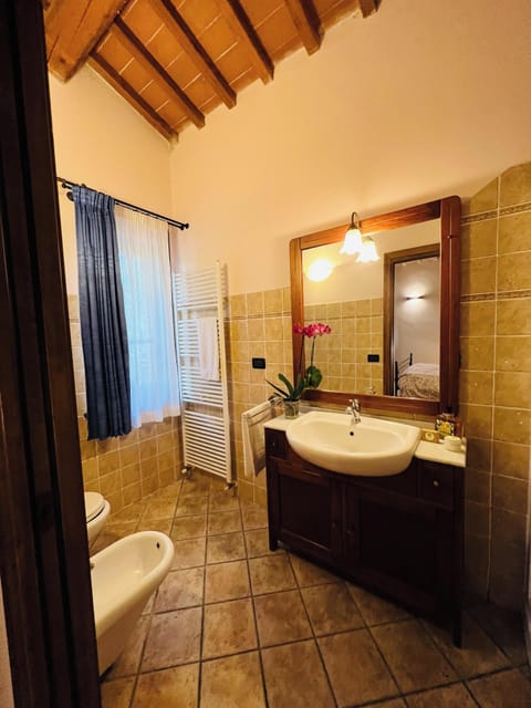 Shower, designer toiletries, hair dryer, bidet