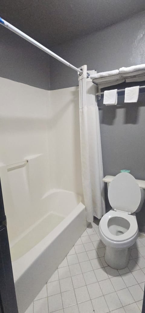 Bathtub, towels, shampoo, toilet paper