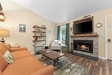 Living with wood burning fireplace