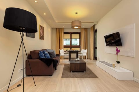 Living room with a comfortable sofa and TV. 