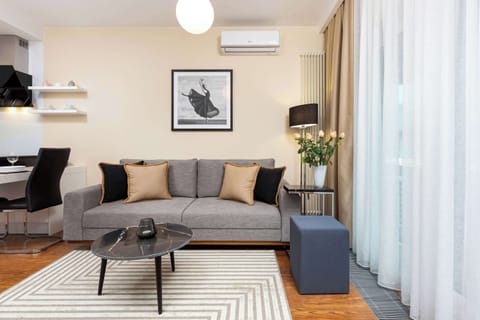 Living room with double sofa bed and coffee table.