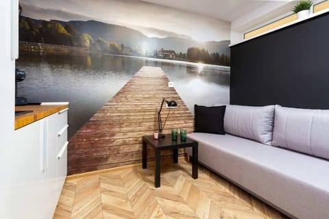 A small studio apartment with a gray sofa, wooden floor, and a wall mural of a landscape. Cozy but clearly windowless.