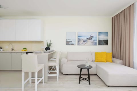 Modern living room with a fold-out sofa, TV, kitchenette and dining area.