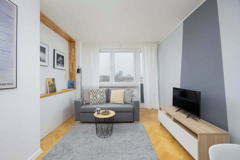 Living room with a sofa bed, TV and access to balcony.