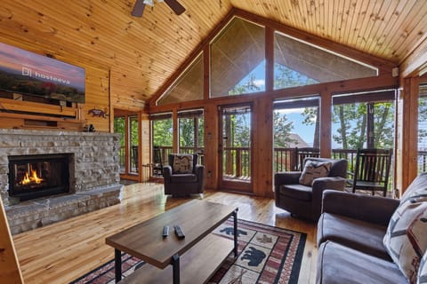 Family Cabin, 2 Bedrooms, Balcony, Mountain View | Living room | 60-inch Smart TV with digital channels, fireplace