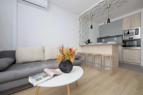Living room with a sofa bed, TV and kitchenette.
