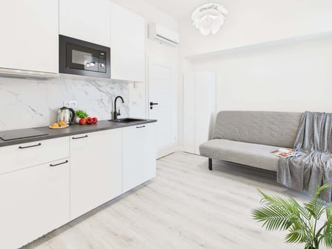 A cozy living space with a modern gray sofa and a sleek kitchen area in the background. Potted plants and natural light make the area feel fresh and welcoming.