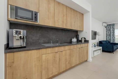 A sleek modern kitchen with wooden cabinetry and black countertops. Fully equipped for preparing meals at home.