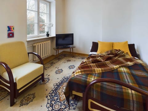 A cozy bedroom featuring a yellow sofa bed, a patterned rug, a small wooden desk, and a window letting in natural light.