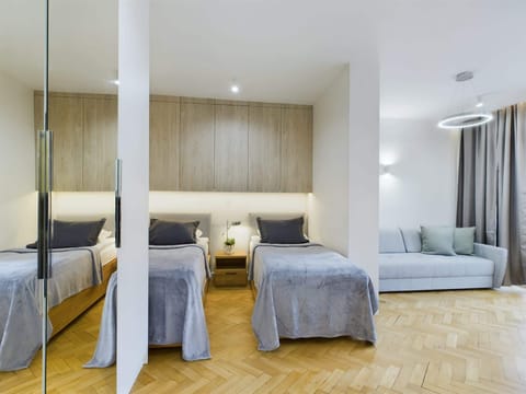 A combined living and sleeping space featuring a comfortable bed, mirrored wardrobe, and a cozy atmosphere.