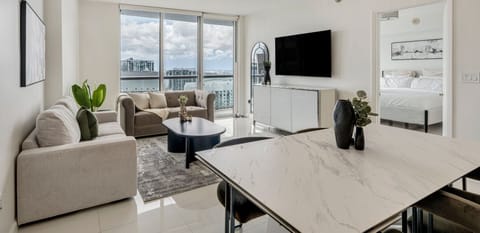 Bright modern living room with beautiful city view.