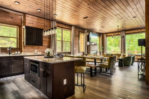 Open floor plan with stylish living room, dining area, and well stocked kitchen